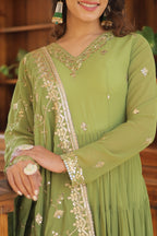 Green Faux Georgette Designer Gown with Sequined Dupatta – Fully Flared Elegant Ready-to-Wear Set