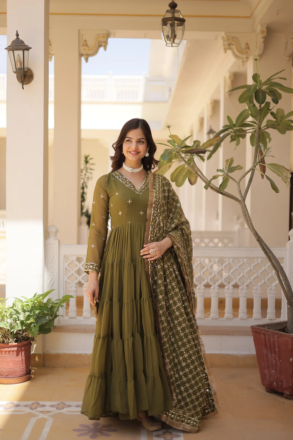 Mehandi Designer Faux Georgette Gown with Sequined Dupatta – Elegant Festive & Party Wear Set
