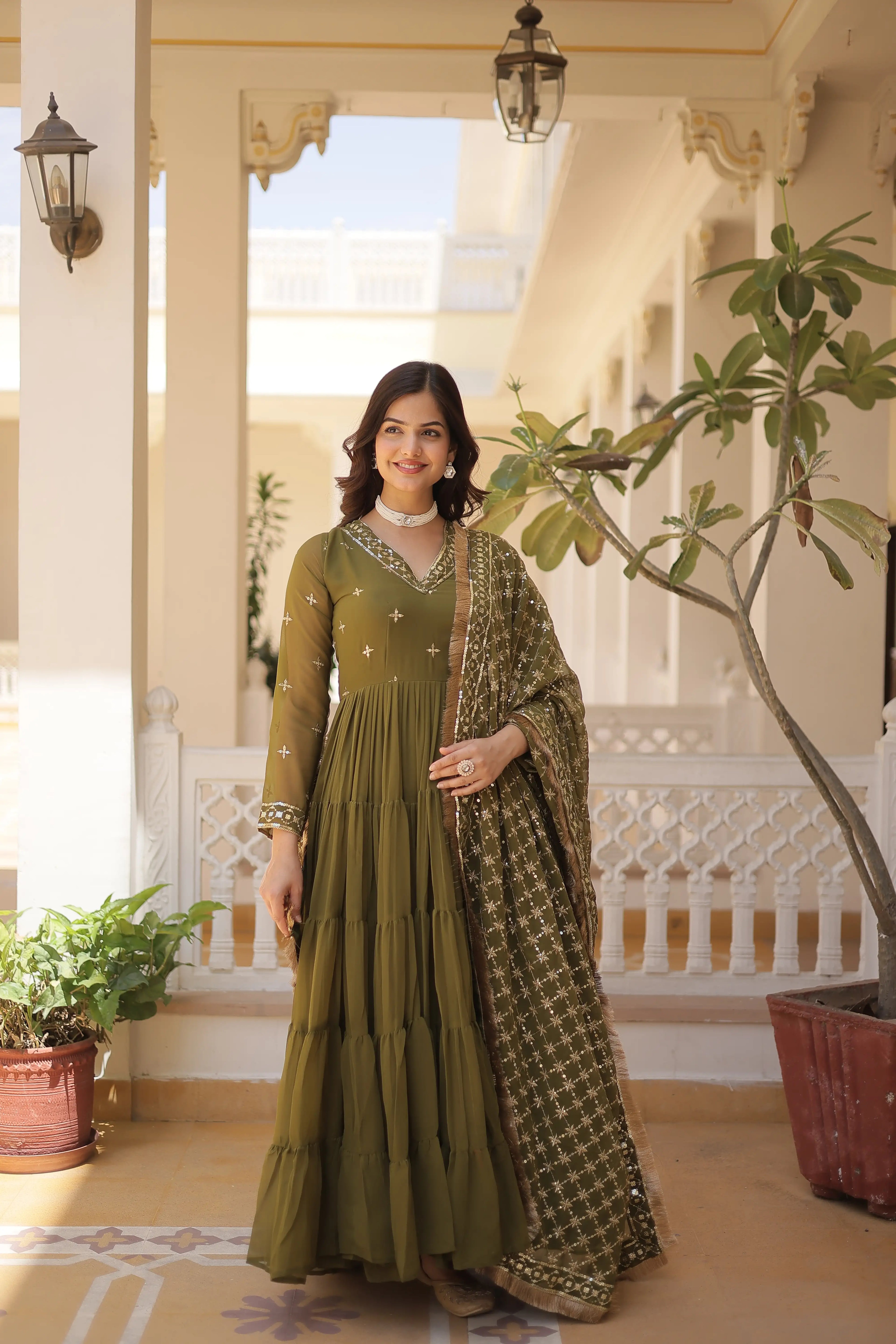 Mehandi Designer Faux Georgette Gown with Sequined Dupatta – Elegant Festive & Party Wear Set