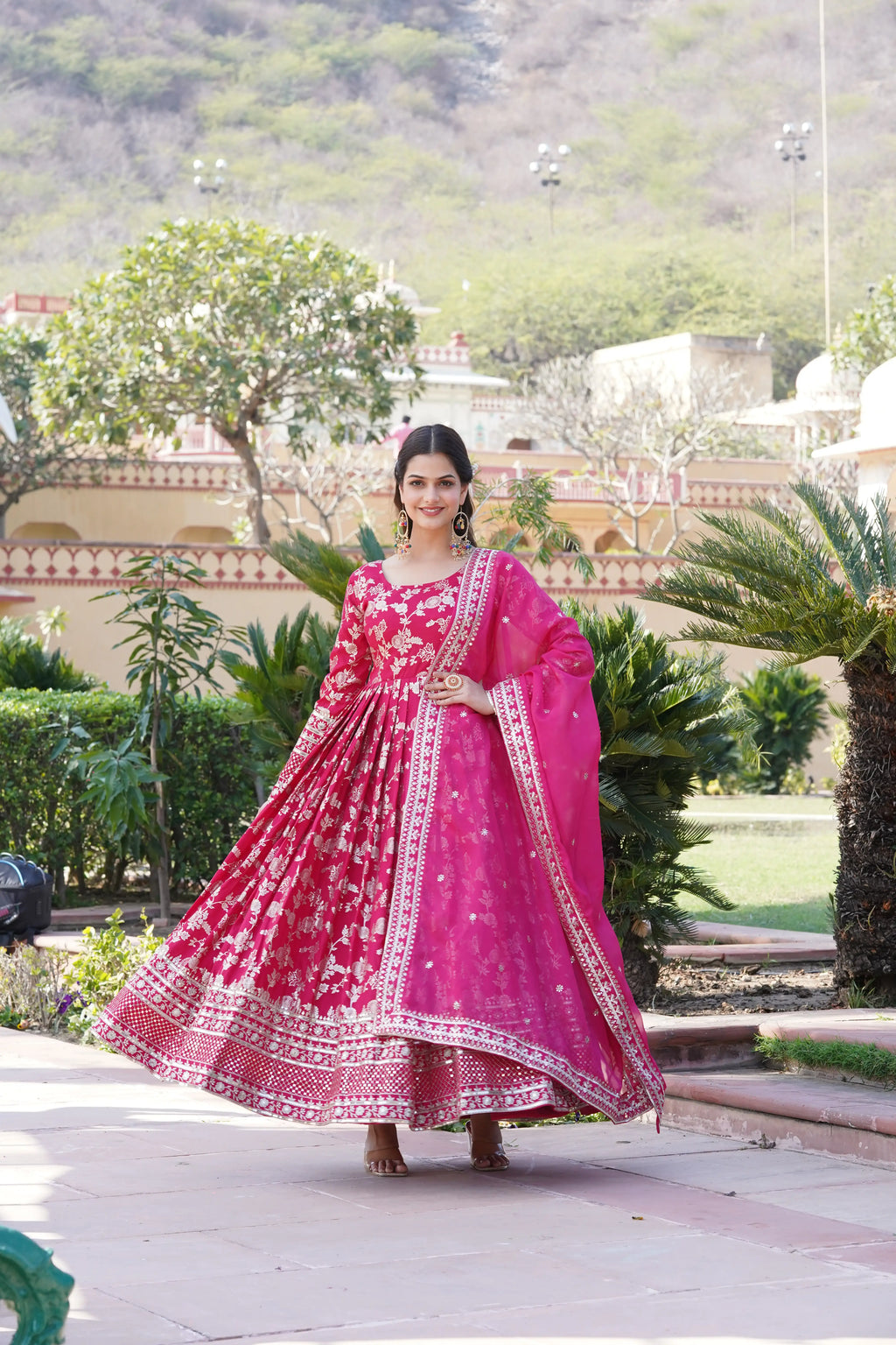 Pink Viscose Dyable Jacquard Gown with Russian Silk Sequined Dupatta – Elegant Party & Wedding Set