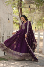 Purple Faux Blooming Sequins Embroidered Gown with Matching Dupatta – Festive & Party Wear
