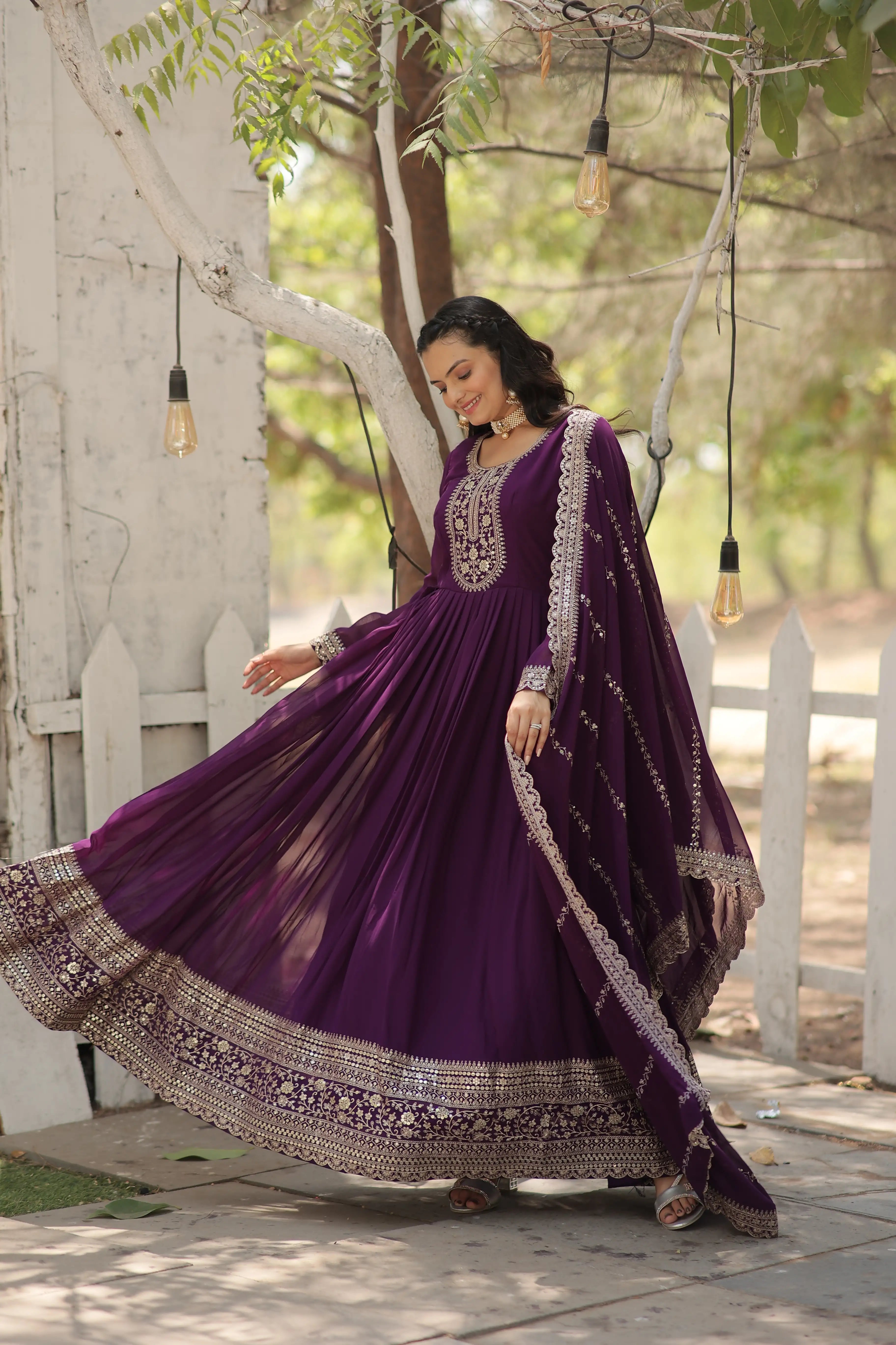 Purple Faux Blooming Sequins Embroidered Gown with Matching Dupatta – Festive & Party Wear