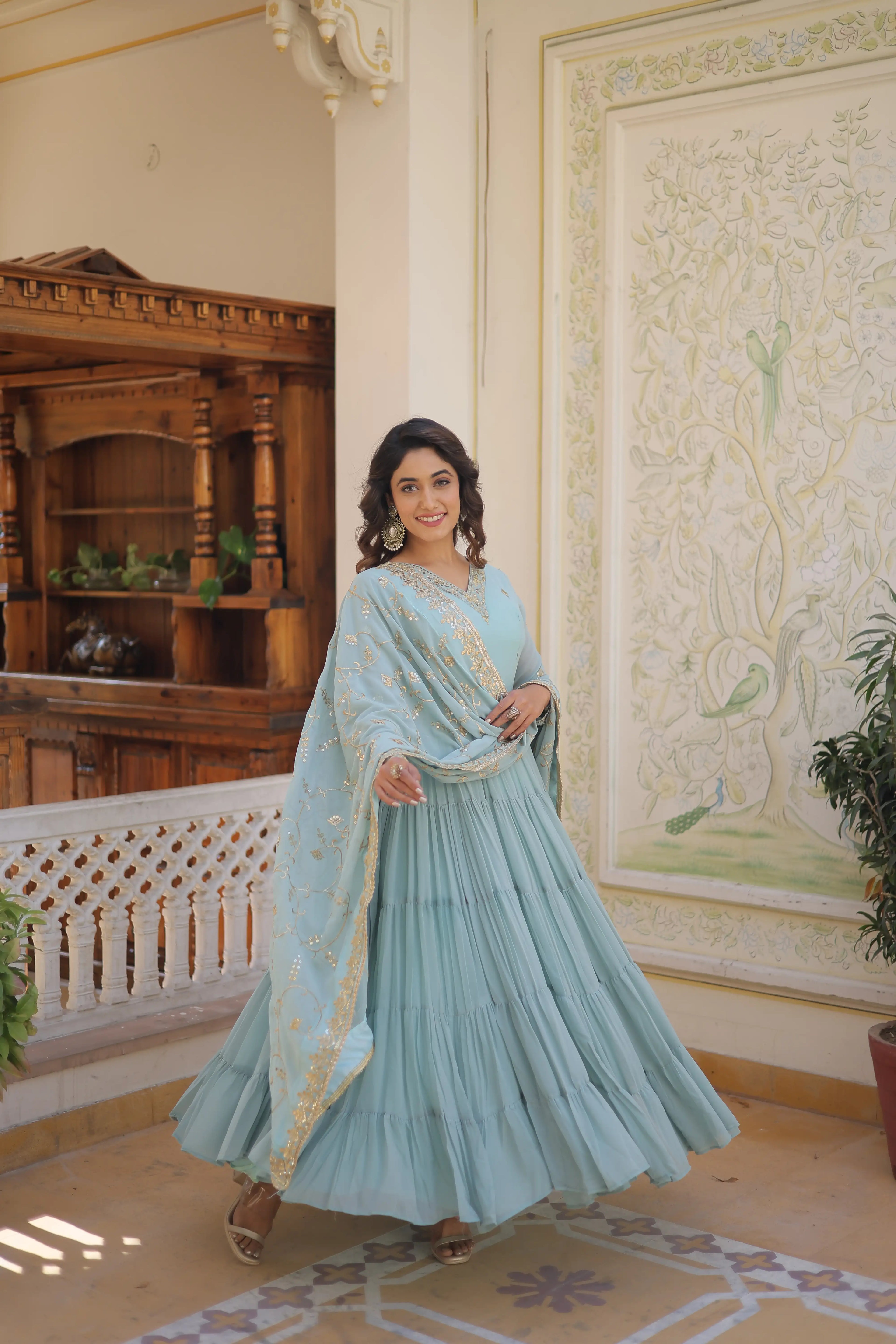 SKY Faux Georgette Designer Gown with Sequined Dupatta – Elegant Fully Flared Party & Wedding Set