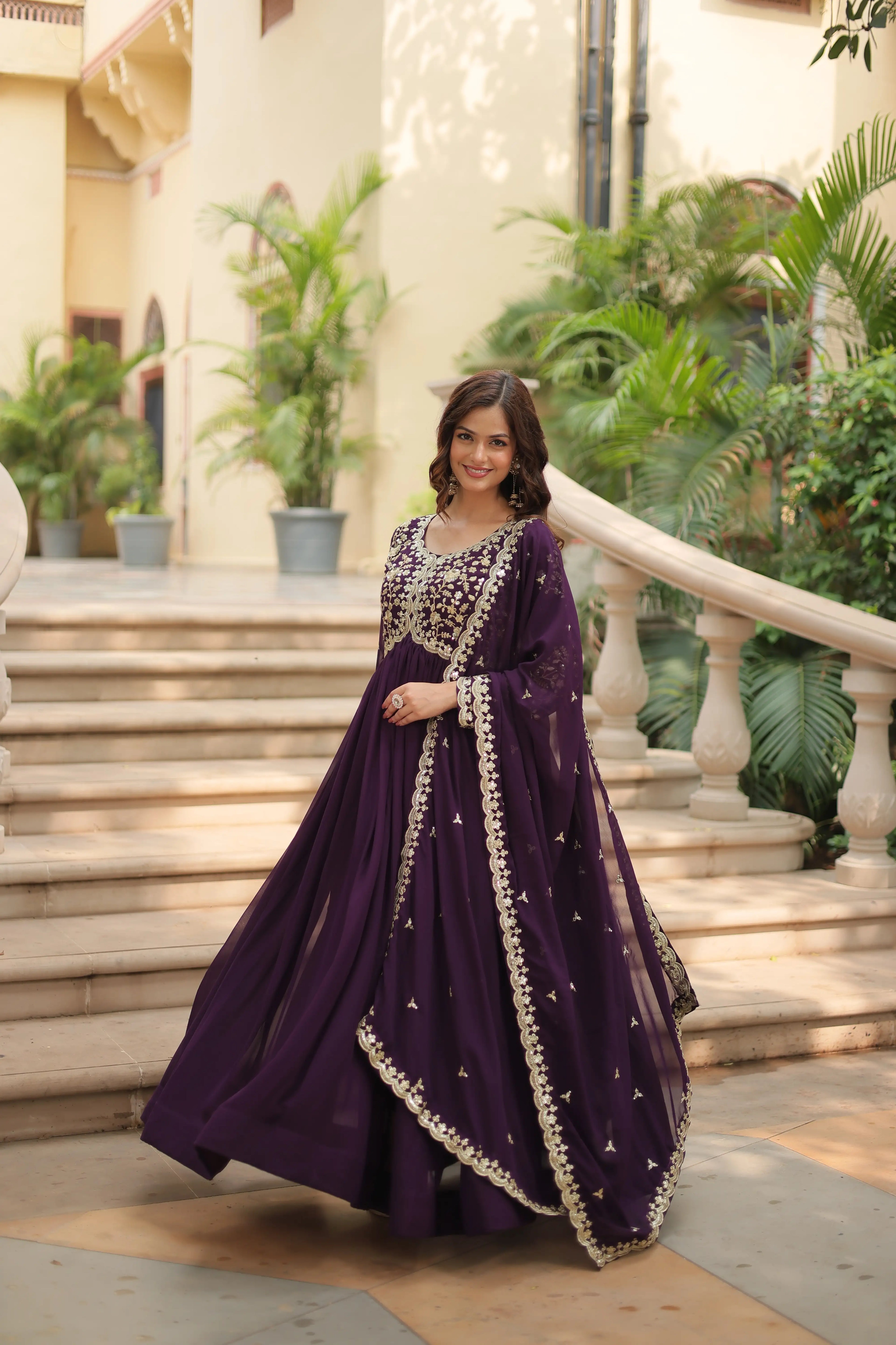Wine Faux Blooming Sequins & Zari Embroidered Gown with Matching Dupatta