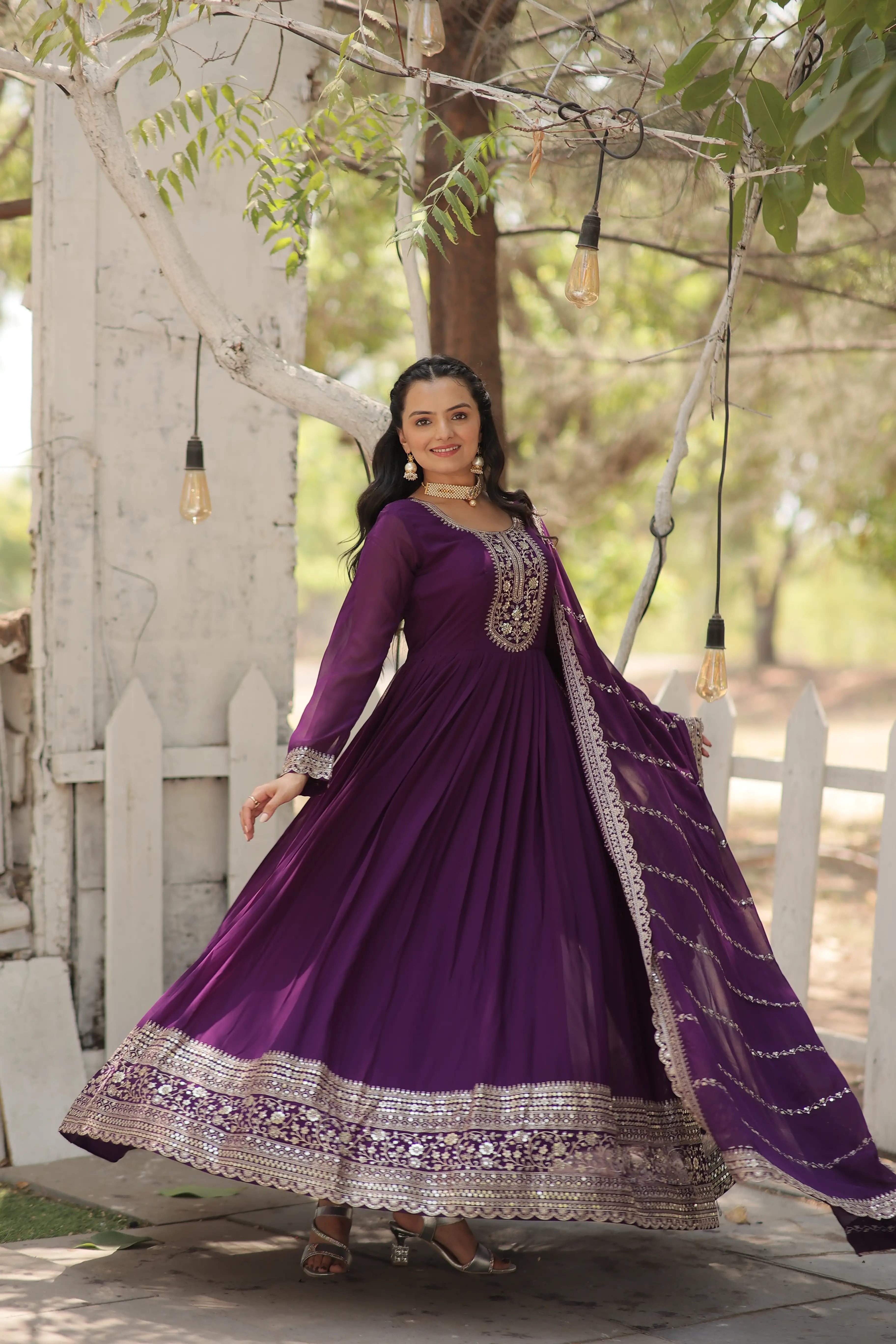 Purple Faux Blooming Sequins Embroidered Gown with Matching Dupatta – Festive & Party Wear