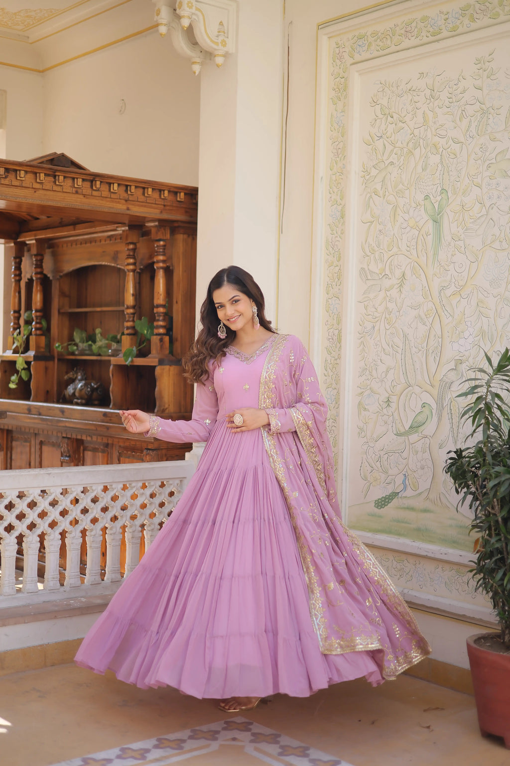 Purple Faux Georgette Designer Gown with Sequined Dupatta – Fully Flared Elegant Ready-to-Wear Set