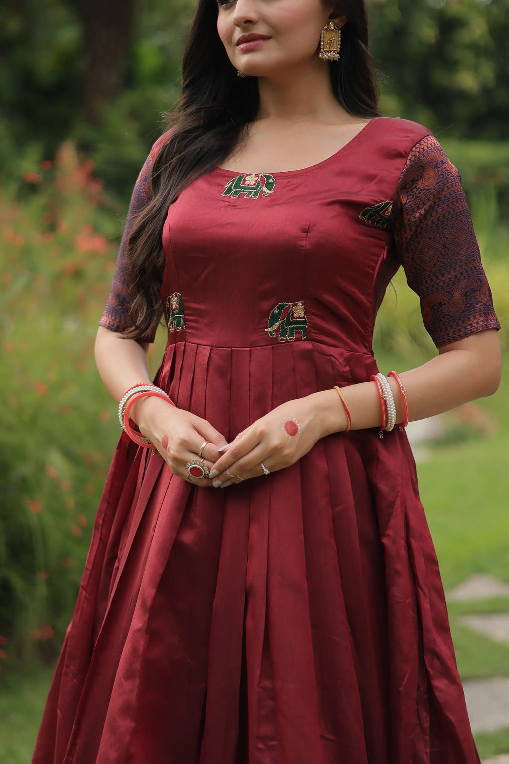 Maroon Banarasi Jacquard Silk Gown – Elegant Free-Size Designer Party & Wedding Wear