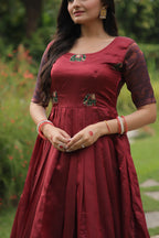 Maroon Banarasi Jacquard Silk Gown – Elegant Free-Size Designer Party & Wedding Wear