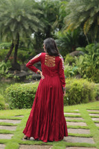 Maroon Reyon Partywear Gown with Kutchi Gamthi Work