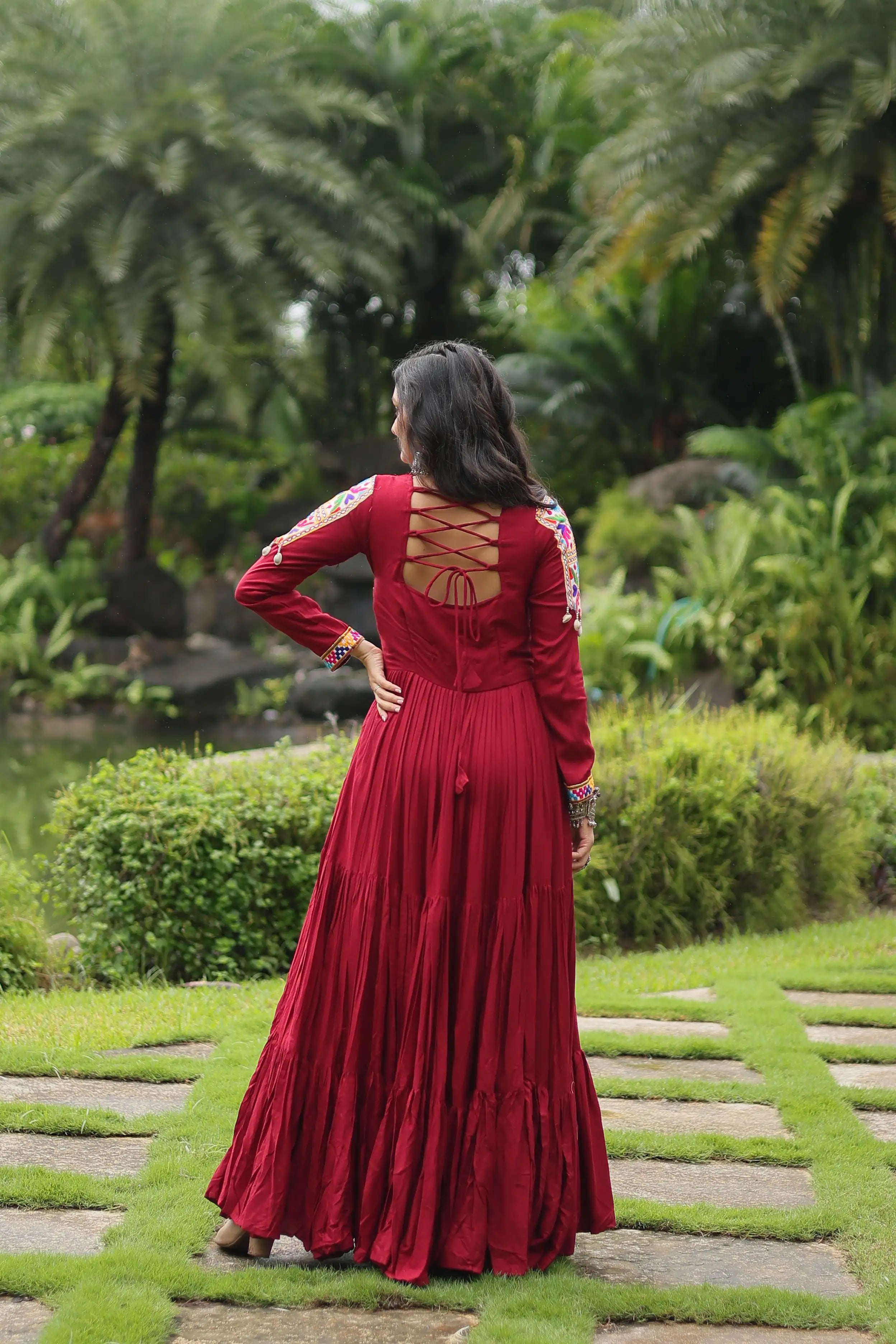 Maroon Reyon Partywear Gown with Kutchi Gamthi Work