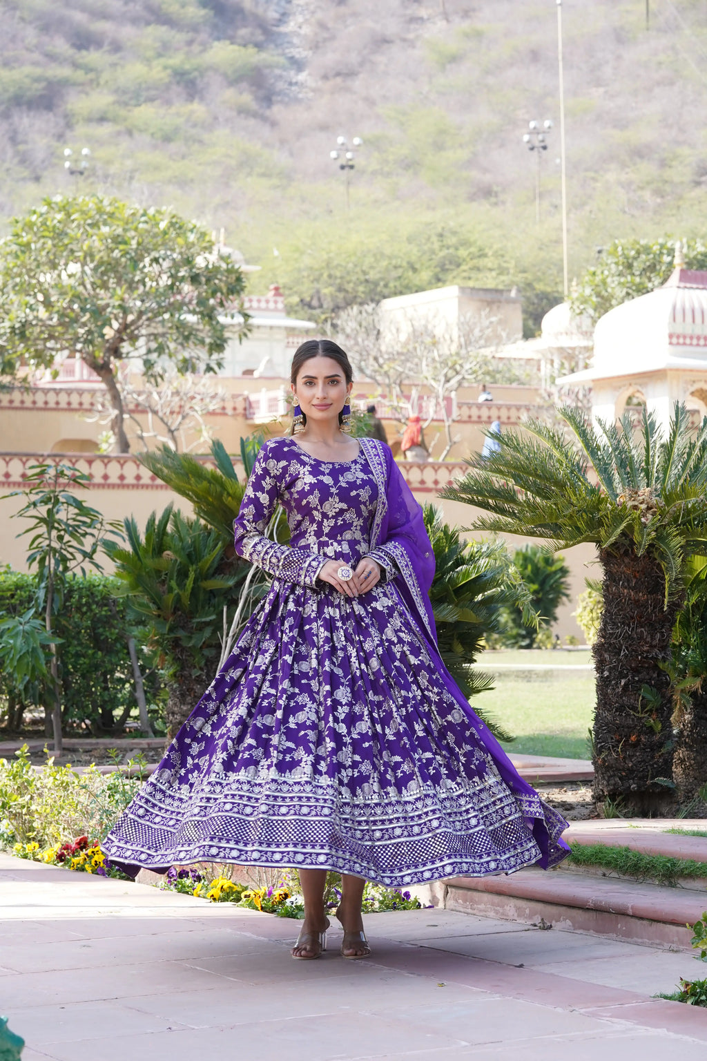 Purple Viscose Dyable Jacquard Gown with Russian Silk Sequined Dupatta – Elegant Party & Wedding Set