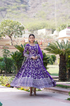 Purple Viscose Dyable Jacquard Gown with Russian Silk Sequined Dupatta – Elegant Party & Wedding Set
