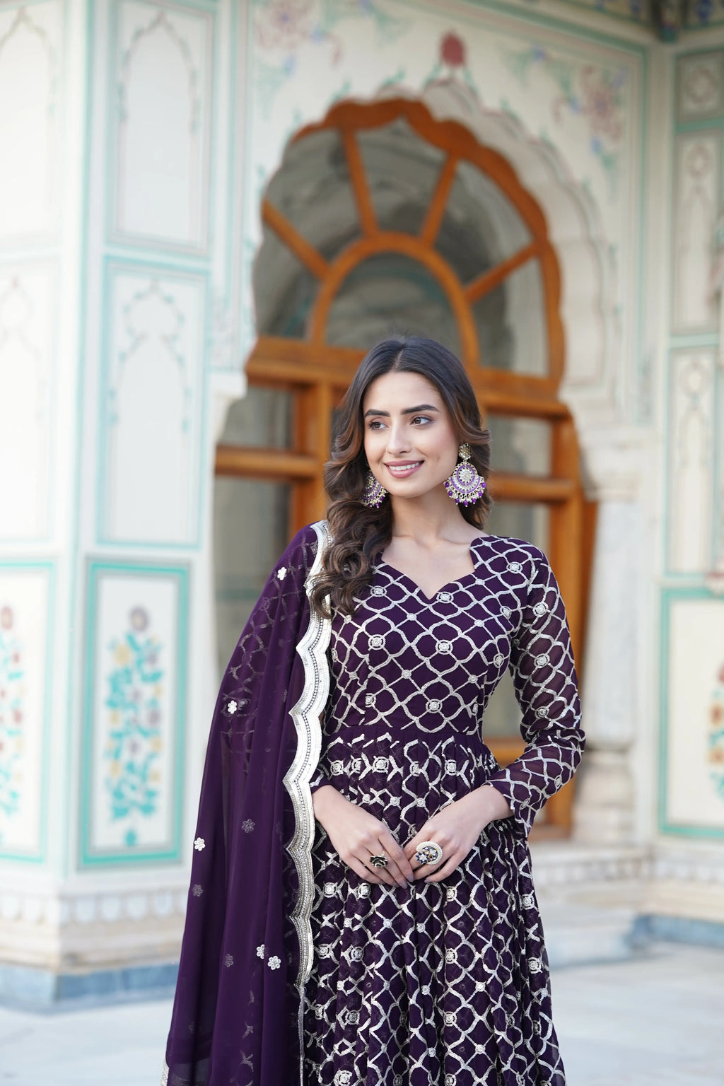 Wine Faux Blooming Designer Gown with Sequined Dupatta – Elegant Fully Flared Party & Wedding Set