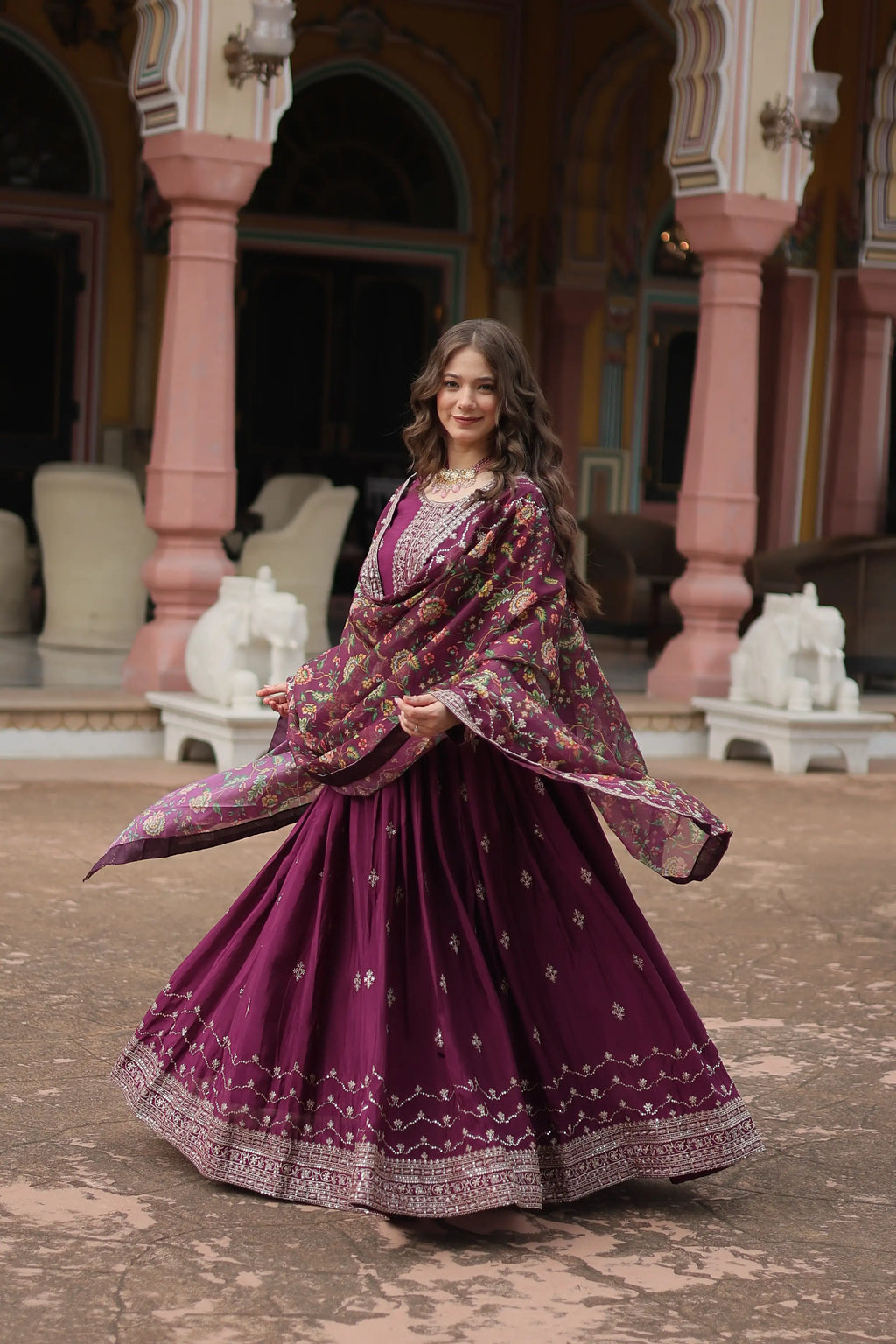 Wine Designer Chinon Sequins Embroidered Gown with Kalamkari Silk Dupatta
