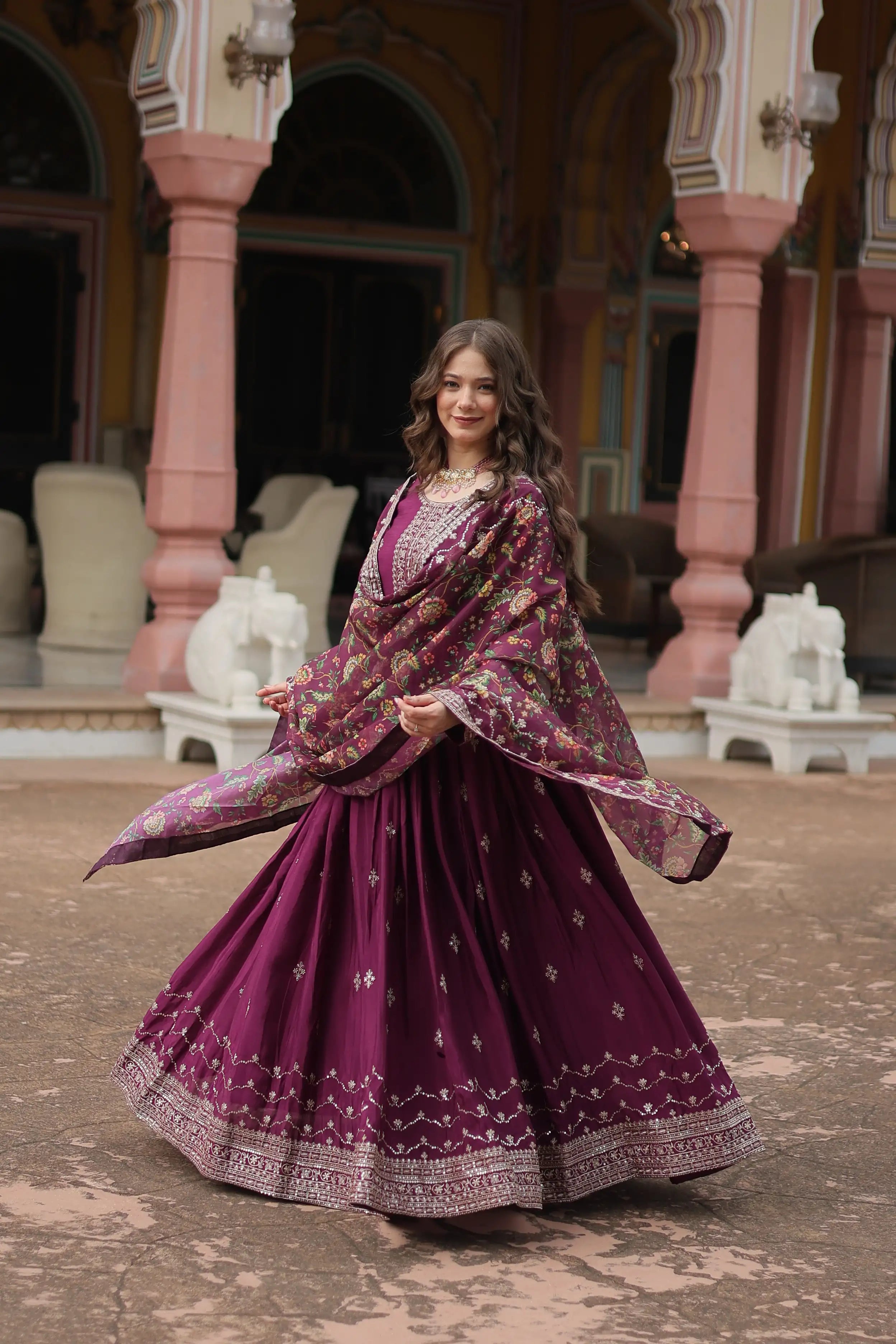 Wine Designer Chinon Sequins Embroidered Gown with Kalamkari Silk Dupatta