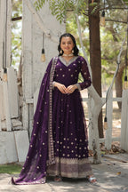 Purple Designer Faux Blooming Anarkali Gown with Sequins Embroidered Dupatta – Wedding & Festive Wear
