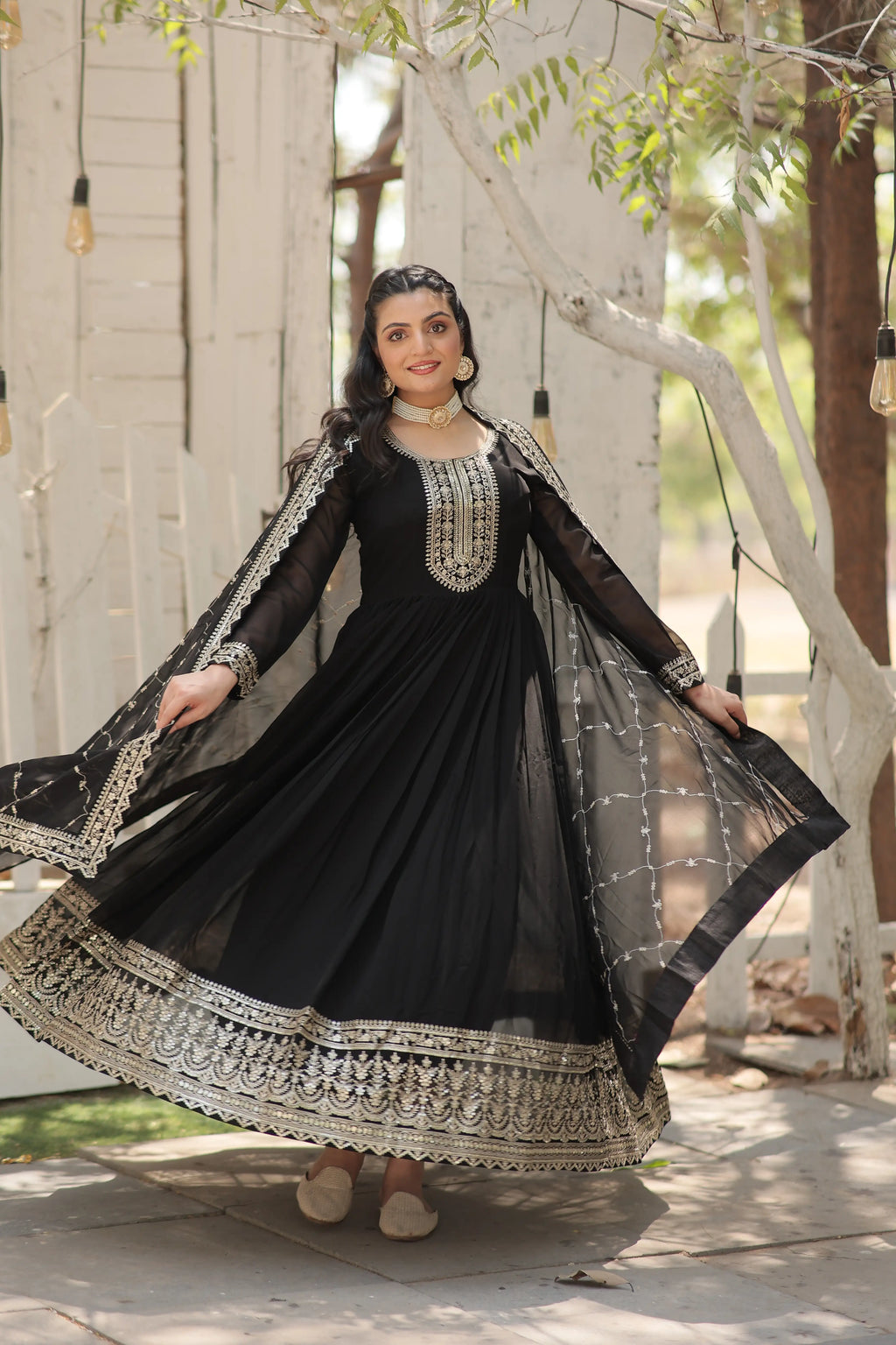 Black Faux Blooming Sequins Embroidered Gown with Matching Dupatta – Festive & Party Wear