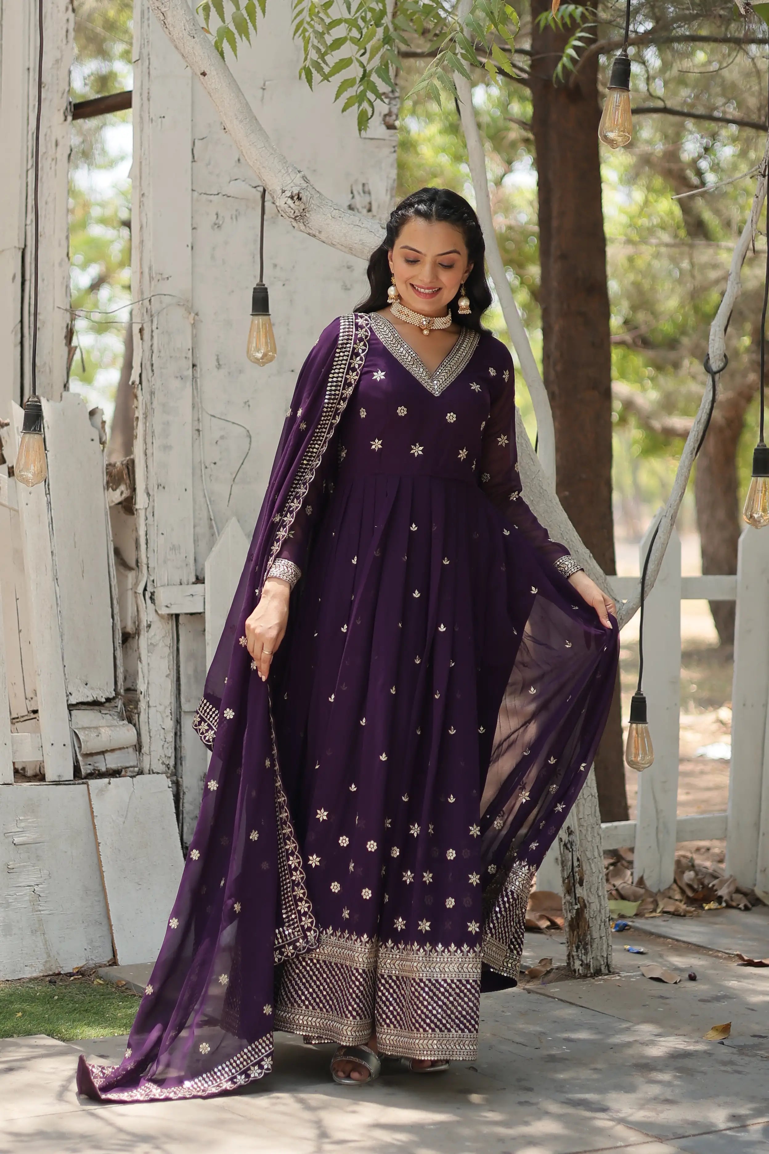 Purple Designer Faux Blooming Anarkali Gown with Sequins Embroidered Dupatta – Wedding & Festive Wear