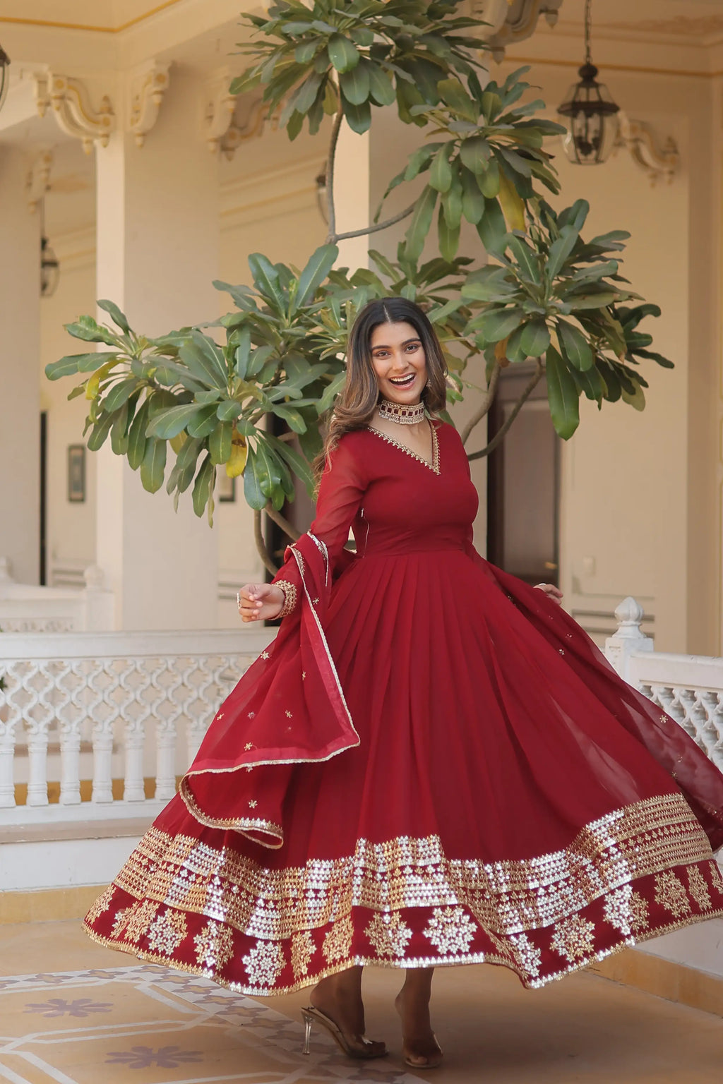 Maroon Faux Blooming Gown with Sequined Dupatta – Elegant Fully Flared Party & Wedding Set