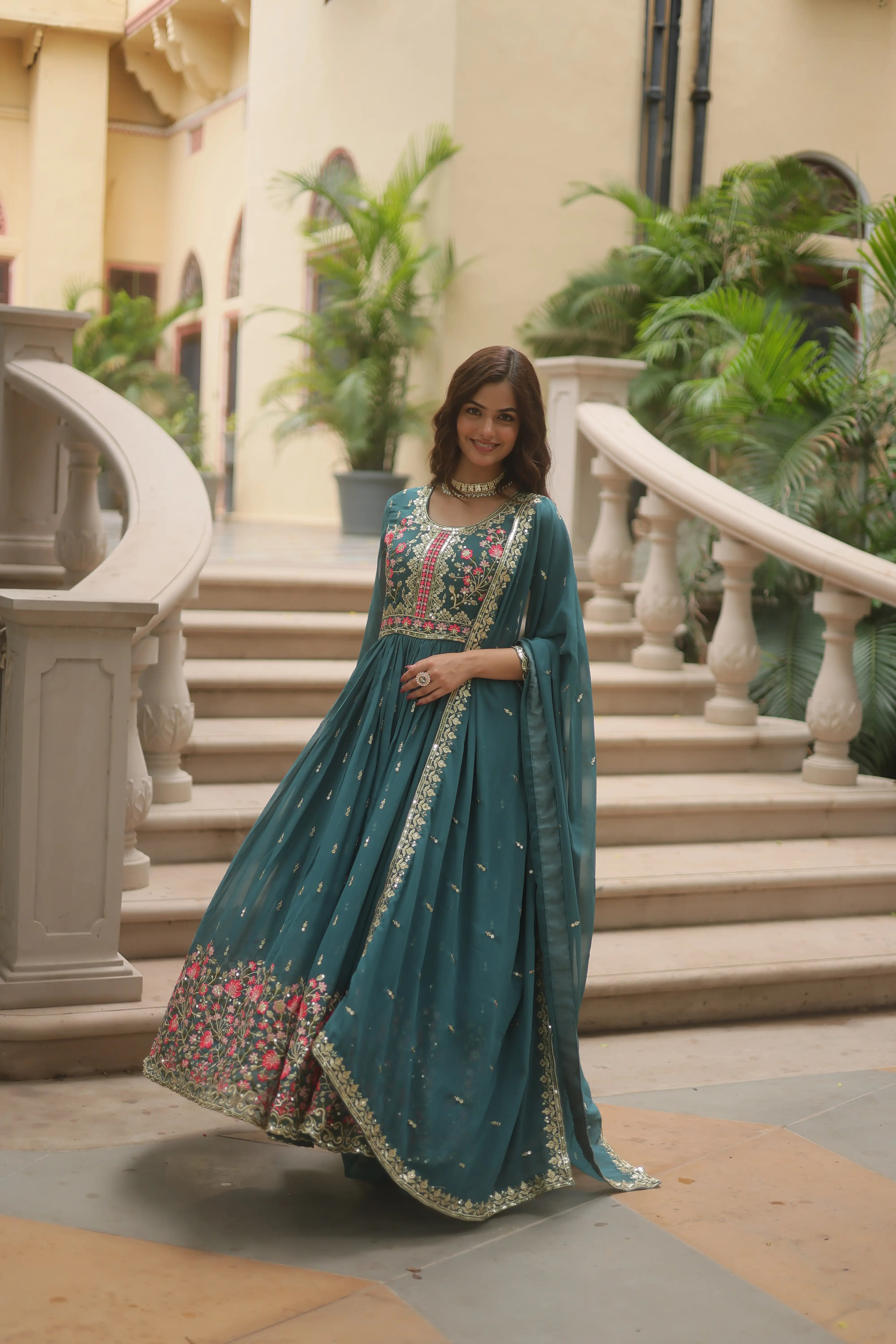 Rama Faux Georgette Sequins Embroidered Kurti with Sharara & Dupatta Set