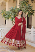 Maroon Faux Blooming Gown with Sequined Dupatta – Elegant Fully Flared Party & Wedding Set