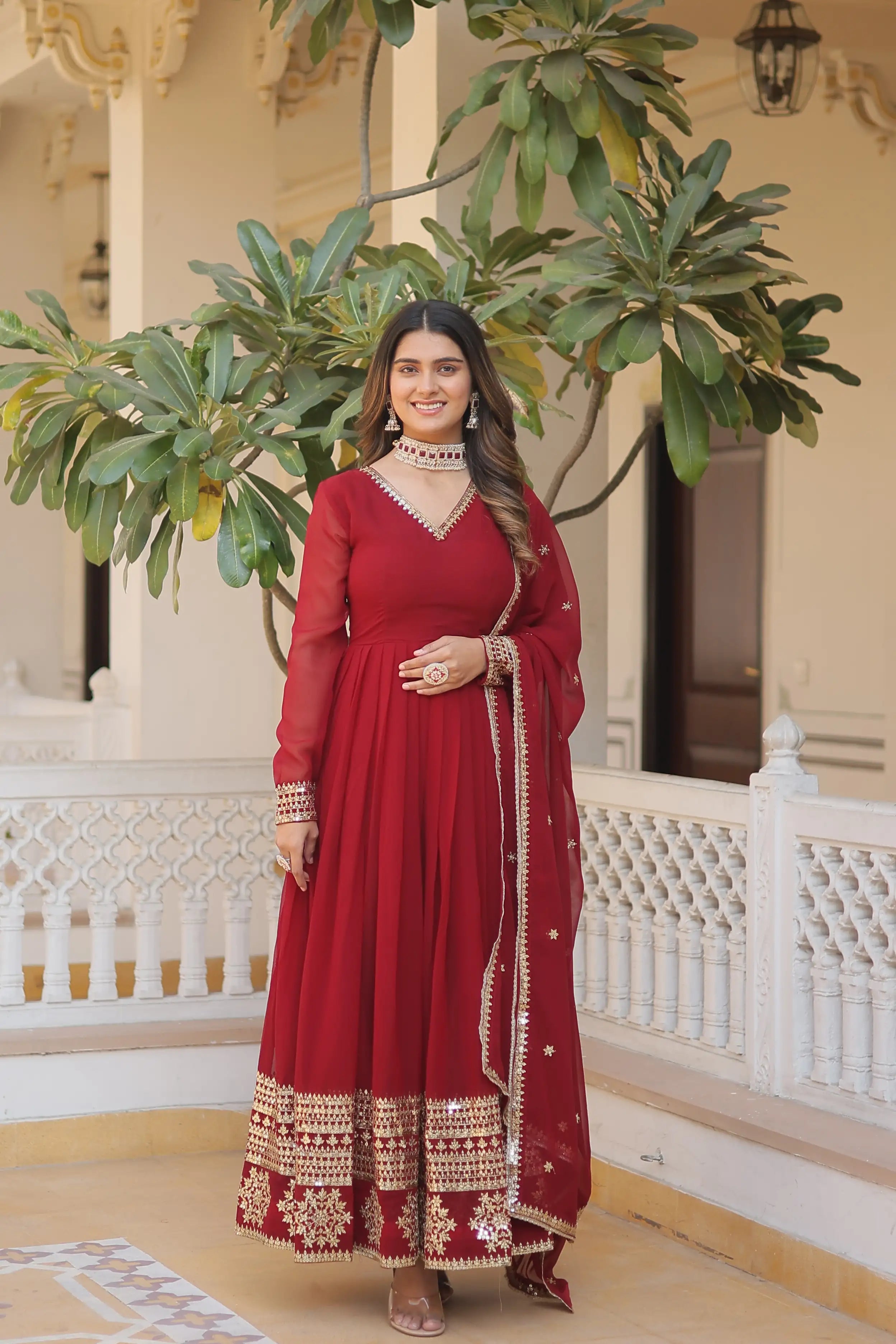 Maroon Faux Blooming Gown with Sequined Dupatta – Elegant Fully Flared Party & Wedding Set