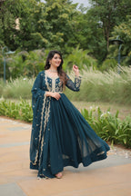 Teal-Blue Elegant Kutchi Gamthi Work Reyon Gown with Heavy Flair