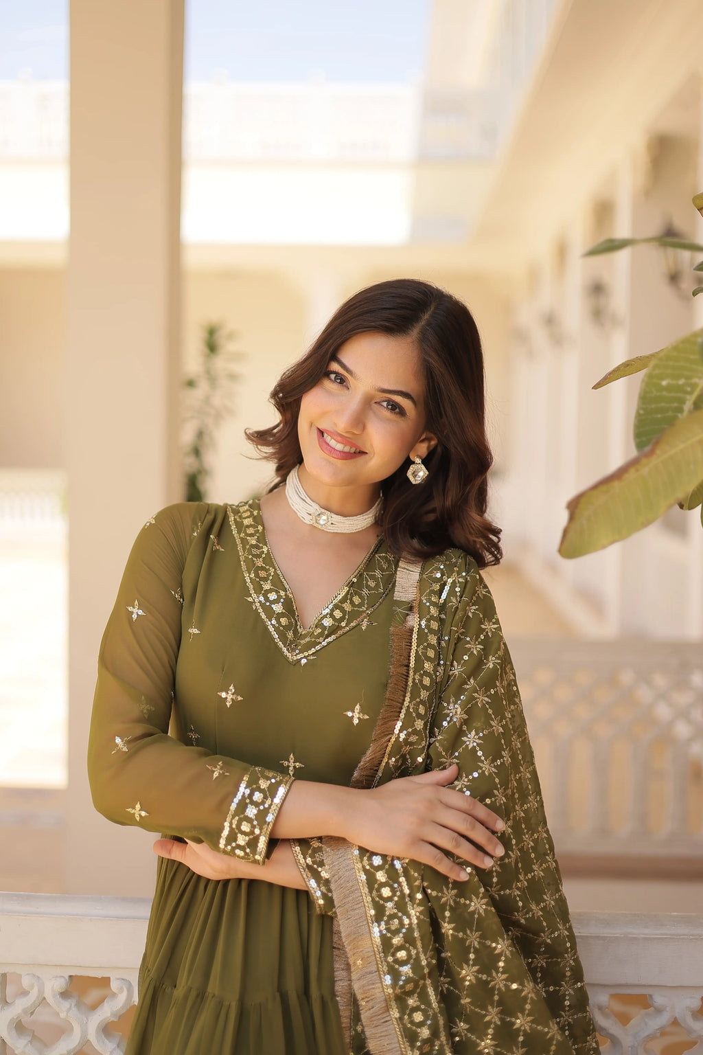 Mehandi Designer Faux Georgette Gown with Sequined Dupatta – Elegant Festive & Party Wear Set