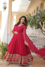 Pink Faux Blooming Gown with Sequined Dupatta – Elegant Fully Flared Party & Wedding Set