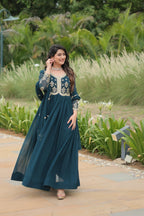 Teal-Blue Elegant Kutchi Gamthi Work Reyon Gown with Heavy Flair