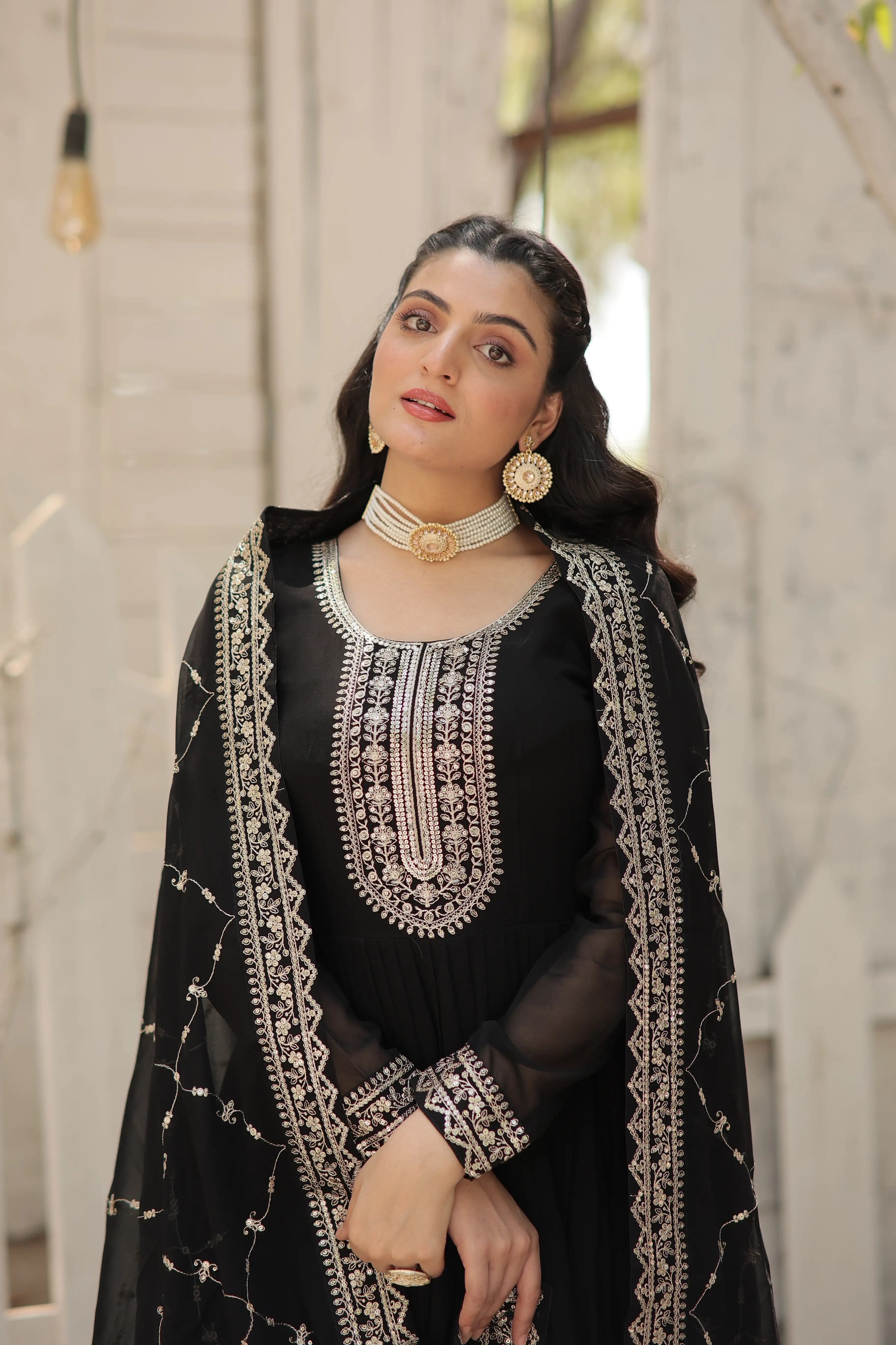 Black Faux Blooming Sequins Embroidered Gown with Matching Dupatta – Festive & Party Wear