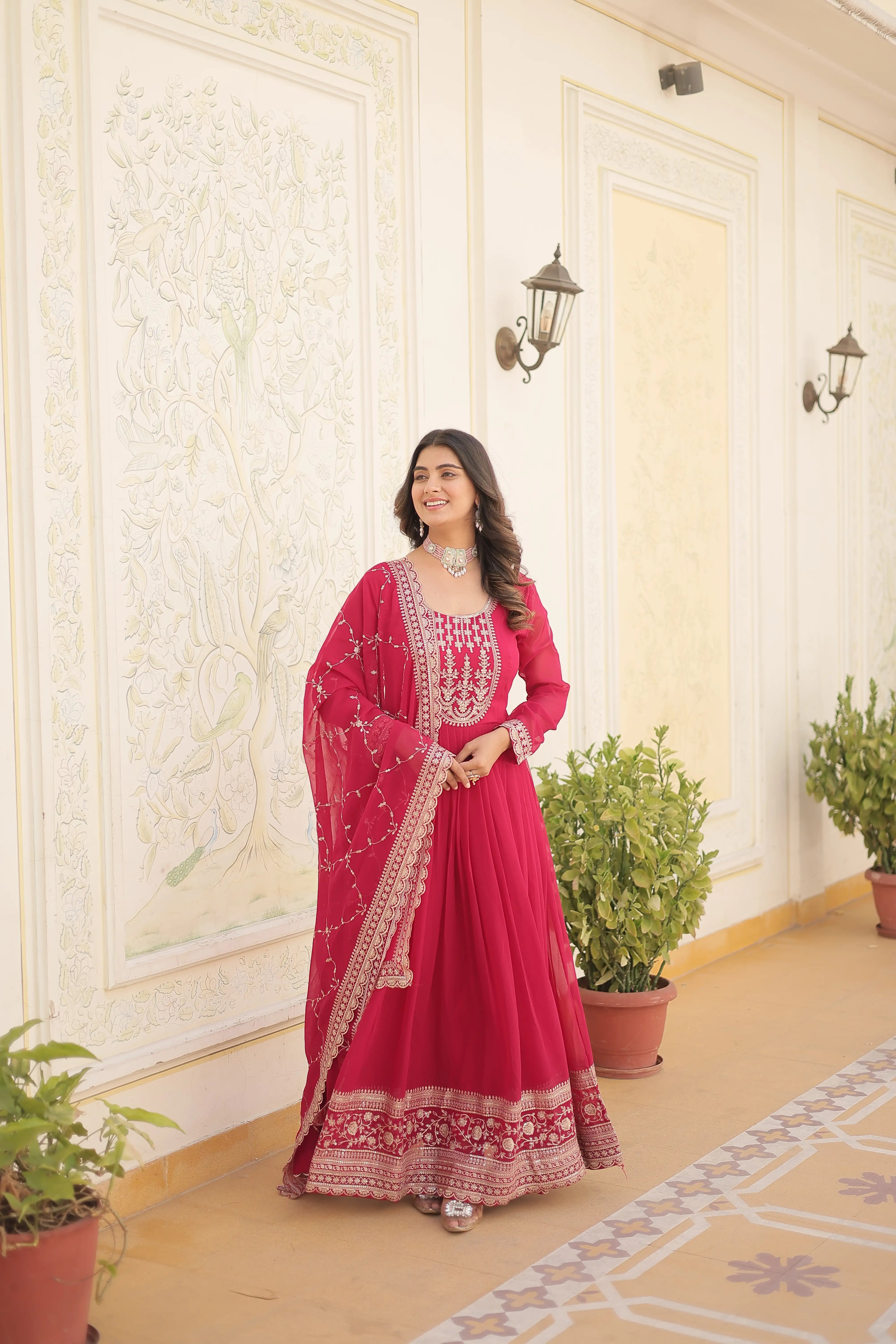 Pink Faux Blooming Sequins Embroidered Gown with Matching Dupatta – Festive & Party Wear 2024