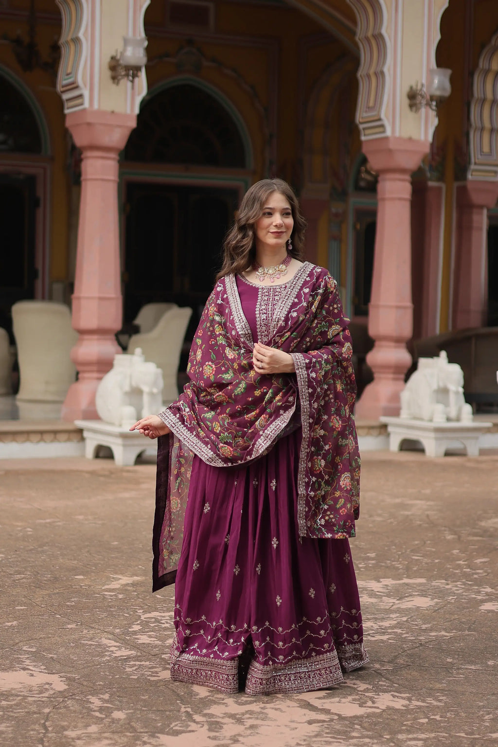Wine Designer Chinon Sequins Embroidered Gown with Kalamkari Silk Dupatta