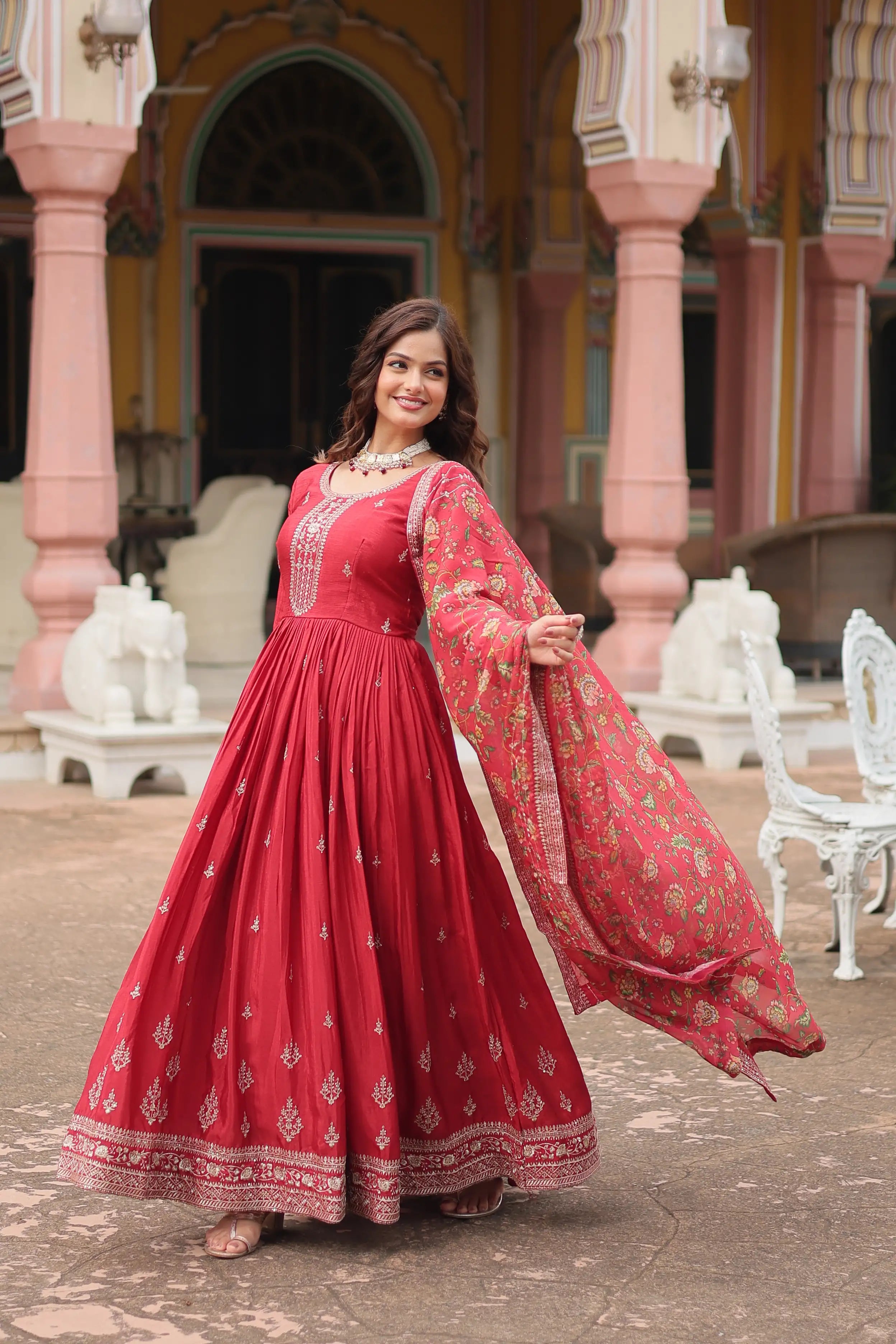 Maroon Designer Chinon Sequins Embroidered Gown with Kalamkari Silk Dupatta