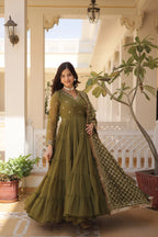 Mehandi Designer Faux Georgette Gown with Sequined Dupatta – Elegant Festive & Party Wear Set
