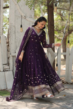 Purple Designer Faux Blooming Anarkali Gown with Sequins Embroidered Dupatta – Wedding & Festive Wear