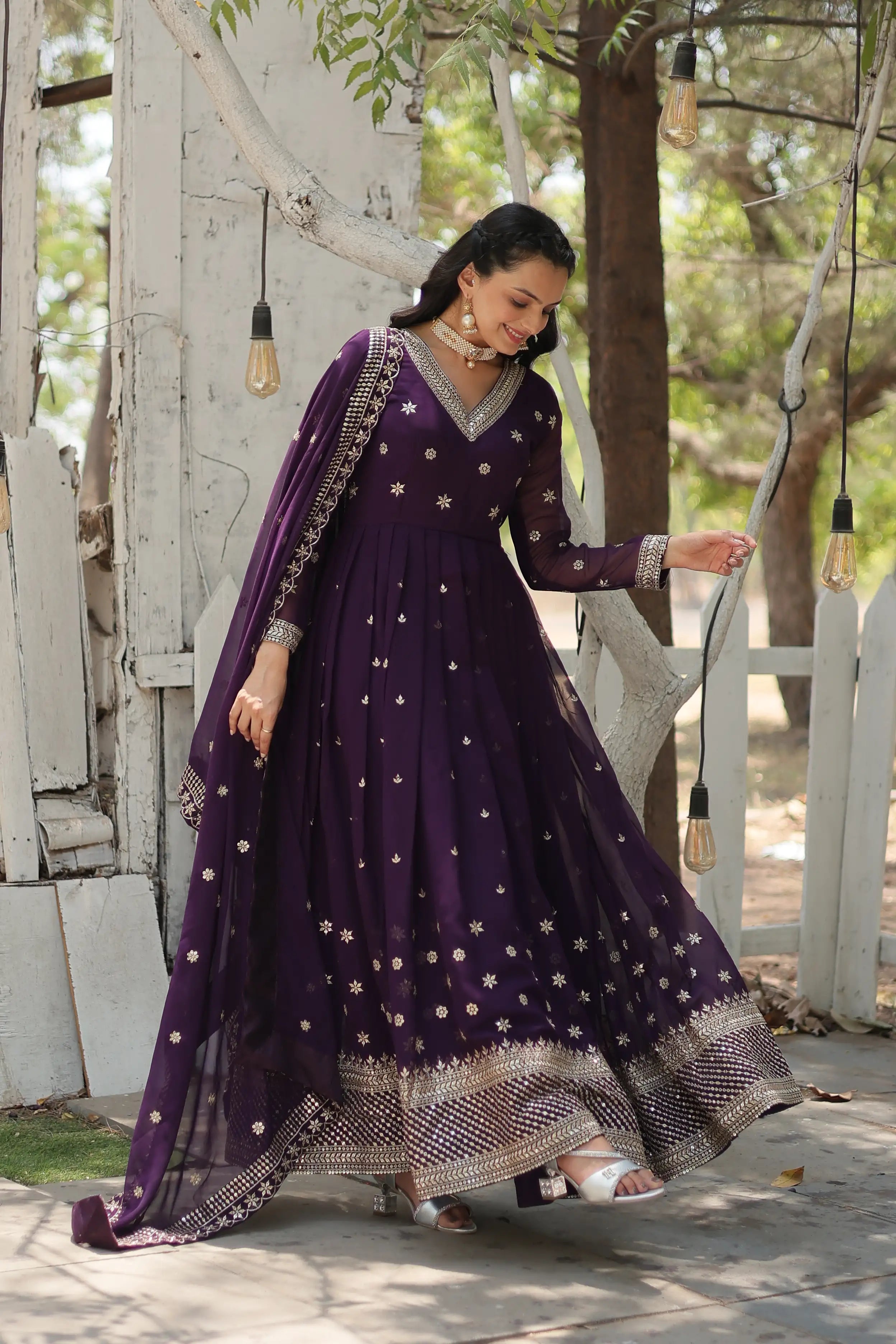 Purple Designer Faux Blooming Anarkali Gown with Sequins Embroidered Dupatta – Wedding & Festive Wear
