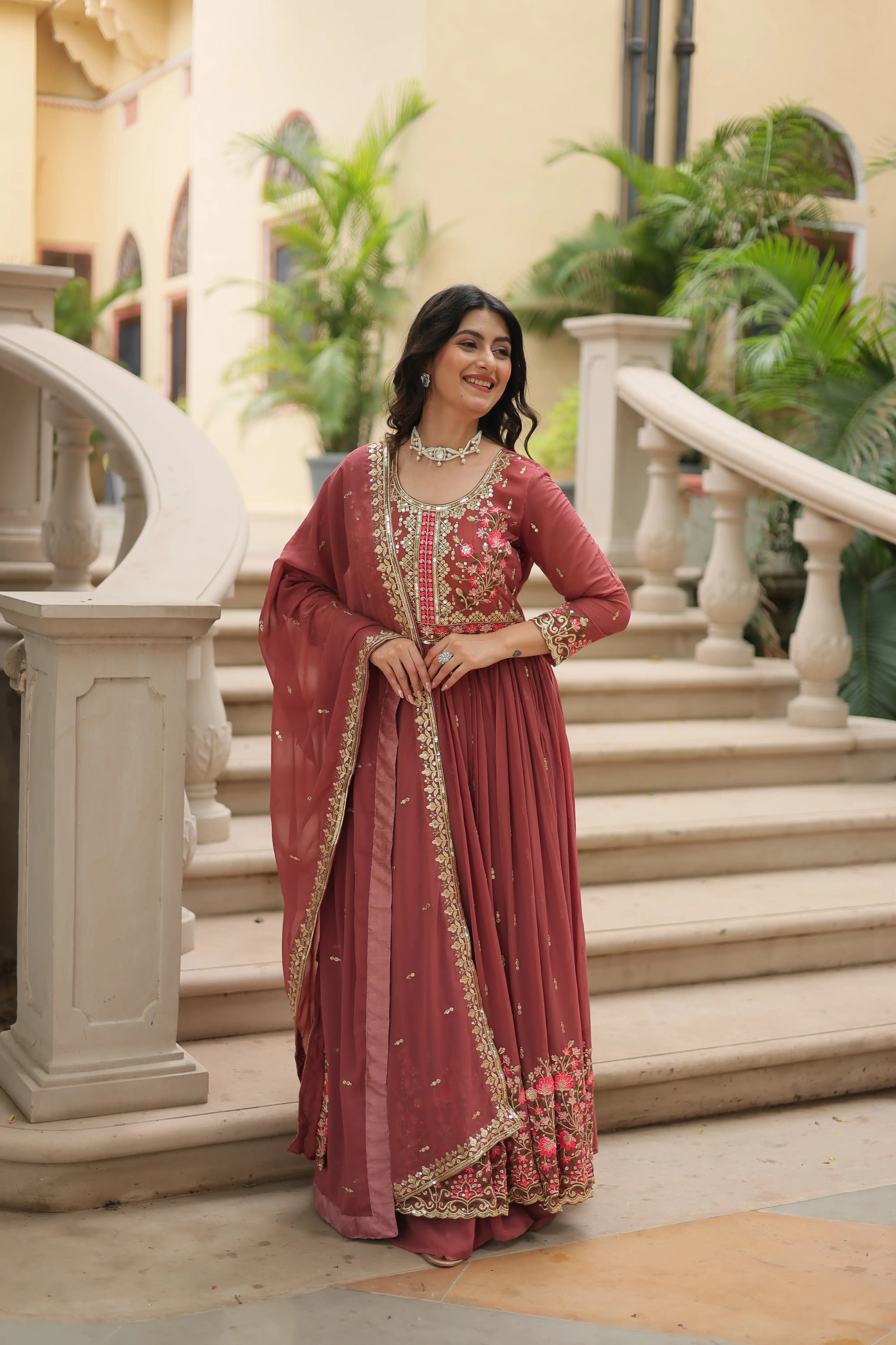 Coffee Faux Georgette Sequins Embroidered Kurti with Sharara & Dupatta Set