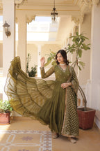 Mehandi Designer Faux Georgette Gown with Sequined Dupatta – Elegant Festive & Party Wear Set