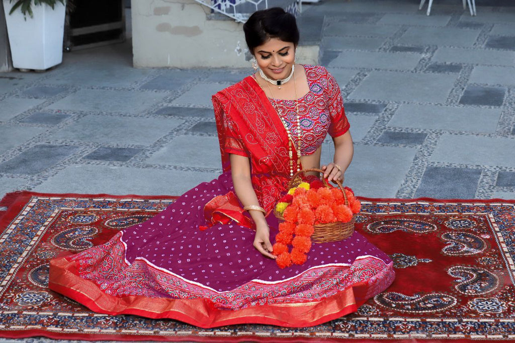 Purple Tussar Silk Lehenga Choli with Red Blouse | Patola Print & Foil Work | Wedding & Festive Wear