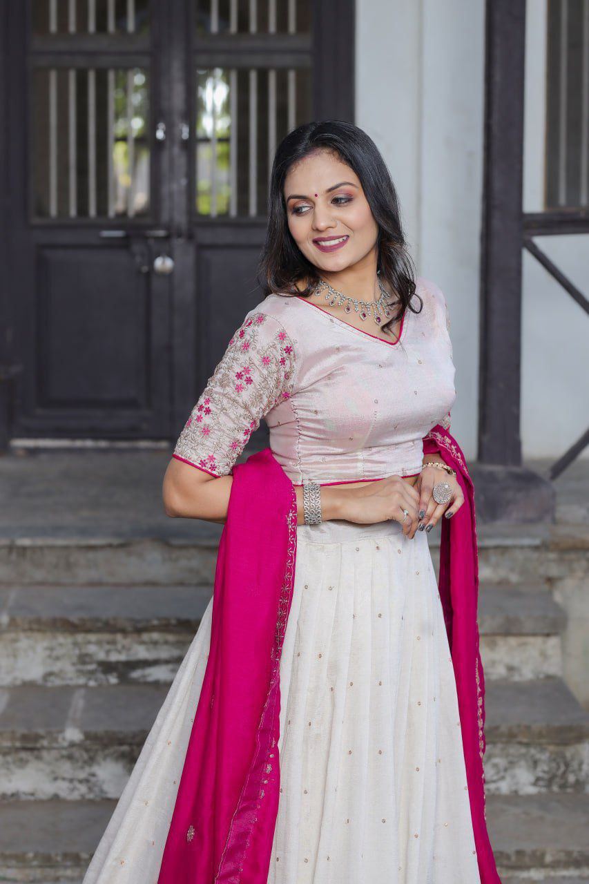 White Vichitra Silk Lehenga Choli with Red Blouse | Sequins & Thread Embroidery | Bridesmaid & Wedding Wear