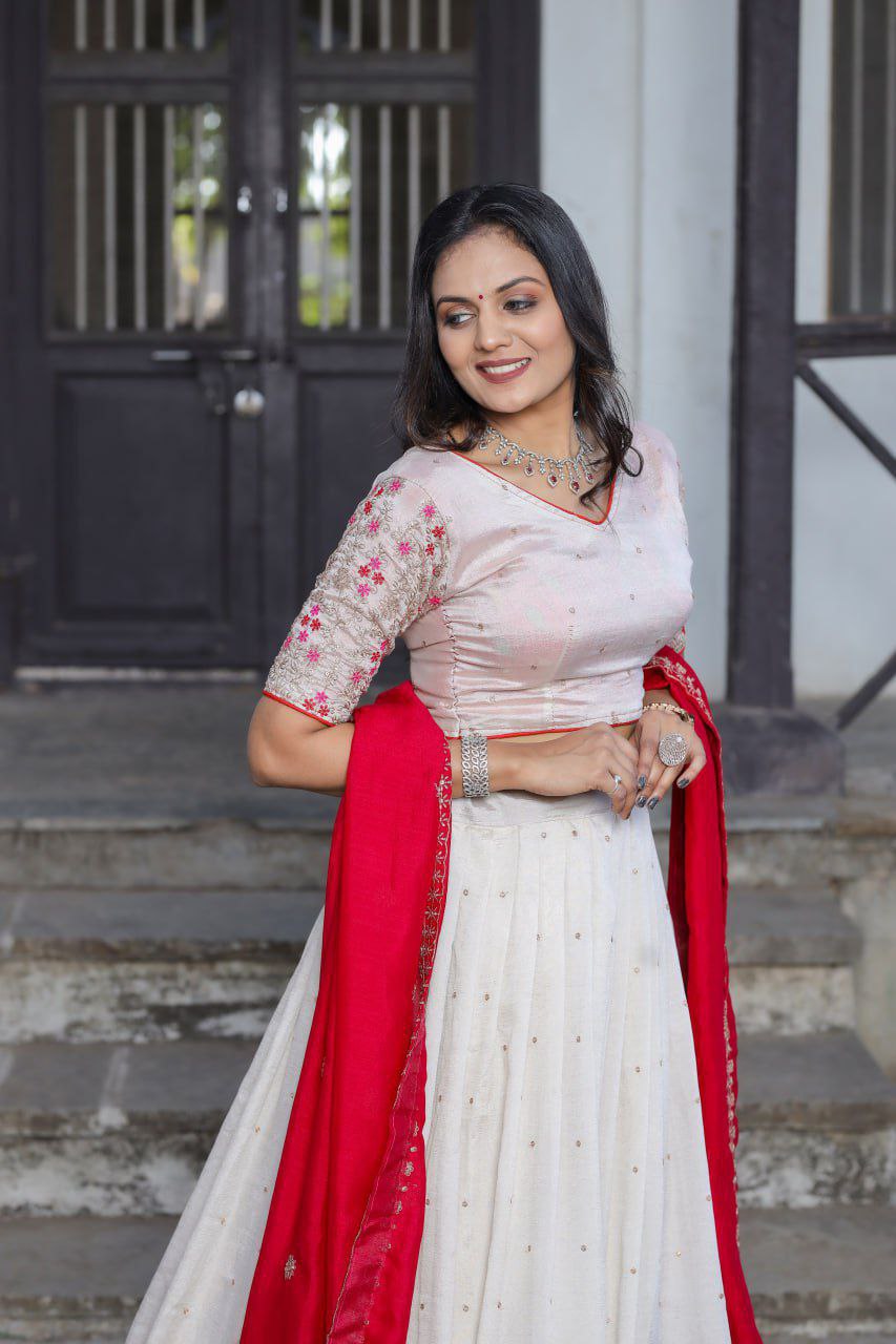 White Vichitra Silk Lehenga Choli with Red Blouse | Sequins & Thread Embroidery | Bridesmaid & Wedding Wear