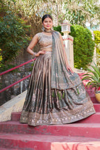 Greyish Maslin Sarting Lehenga Choli with Golden Blouse | Digital Print & Embroidery Work | Wedding & Festive Wear