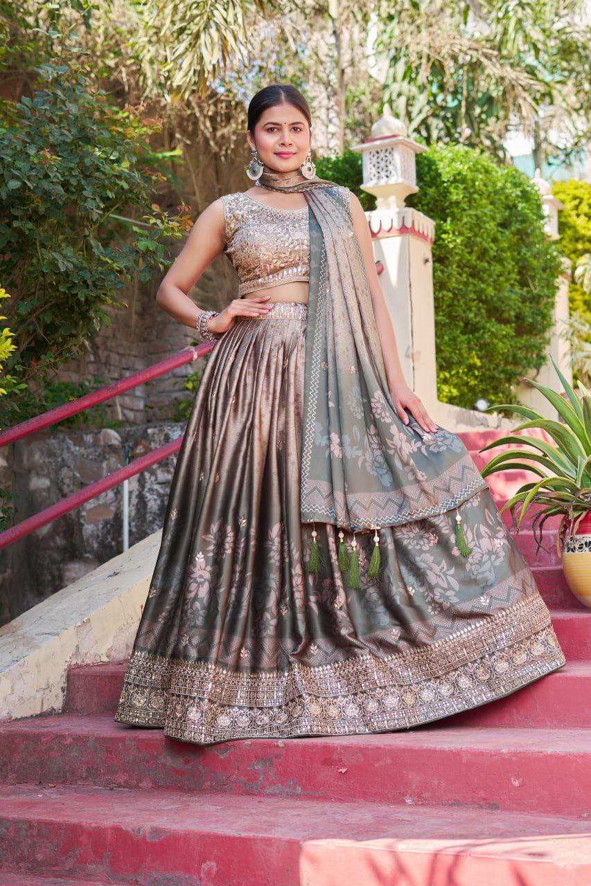Greyish Maslin Sarting Lehenga Choli with Golden Blouse | Digital Print & Embroidery Work | Wedding & Festive Wear