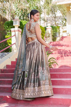 Greyish Maslin Sarting Lehenga Choli with Golden Blouse | Digital Print & Embroidery Work | Wedding & Festive Wear