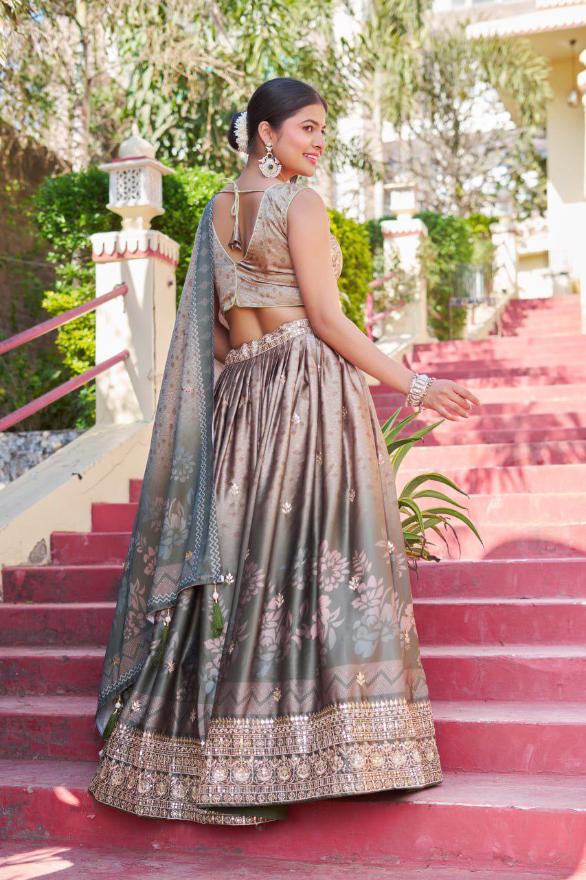 Greyish Maslin Sarting Lehenga Choli with Golden Blouse | Digital Print & Embroidery Work | Wedding & Festive Wear