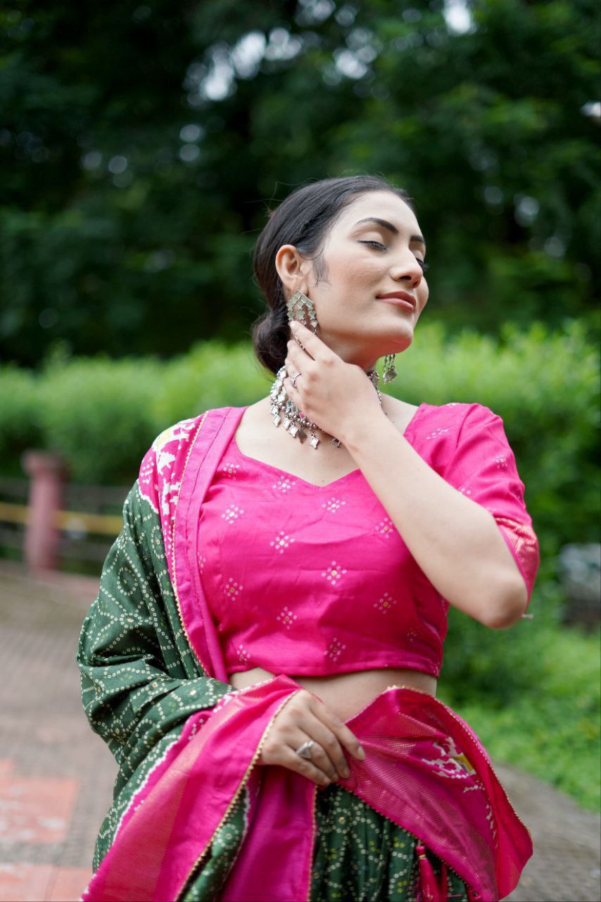 Bottle Green Dola Silk Lehenga Choli with Pink Blouse | Bandhej & Ajarakh Print | Wedding & Festive Wear