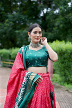 Bottle Green Dola Silk Lehenga Choli with Pink Blouse | Bandhej & Ajarakh Print | Wedding & Festive Wear