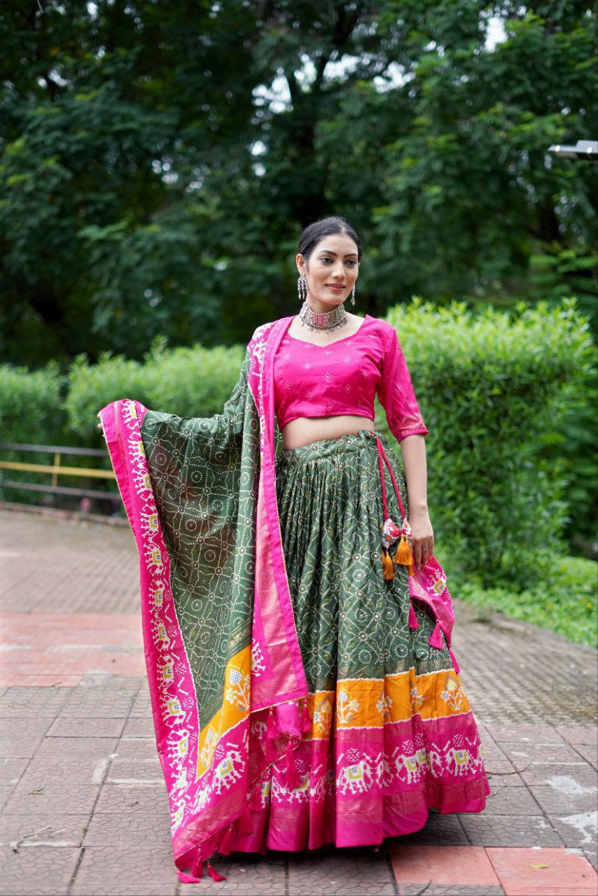 Bottle Green Dola Silk Lehenga Choli with Pink Blouse | Bandhej & Ajarakh Print | Wedding & Festive Wear