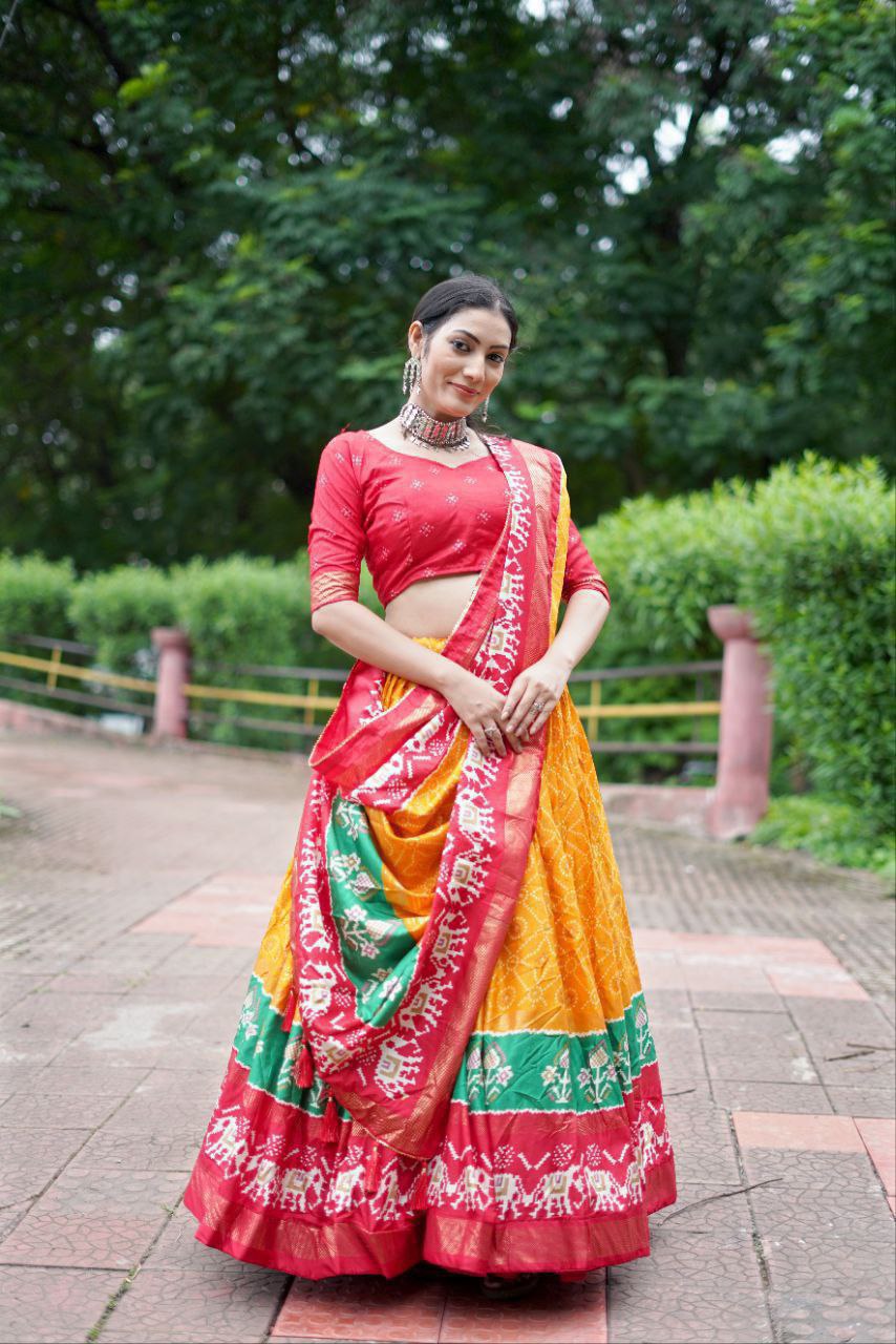 Yellow Dola Silk Lehenga Choli with Vibrant Red Blouse | Bandhej & Ajarakh Print | Wedding & Festive Wear